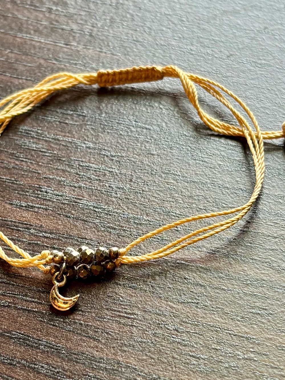 Yellow Cord Bracelet with Moon Charm and Metallic Beads